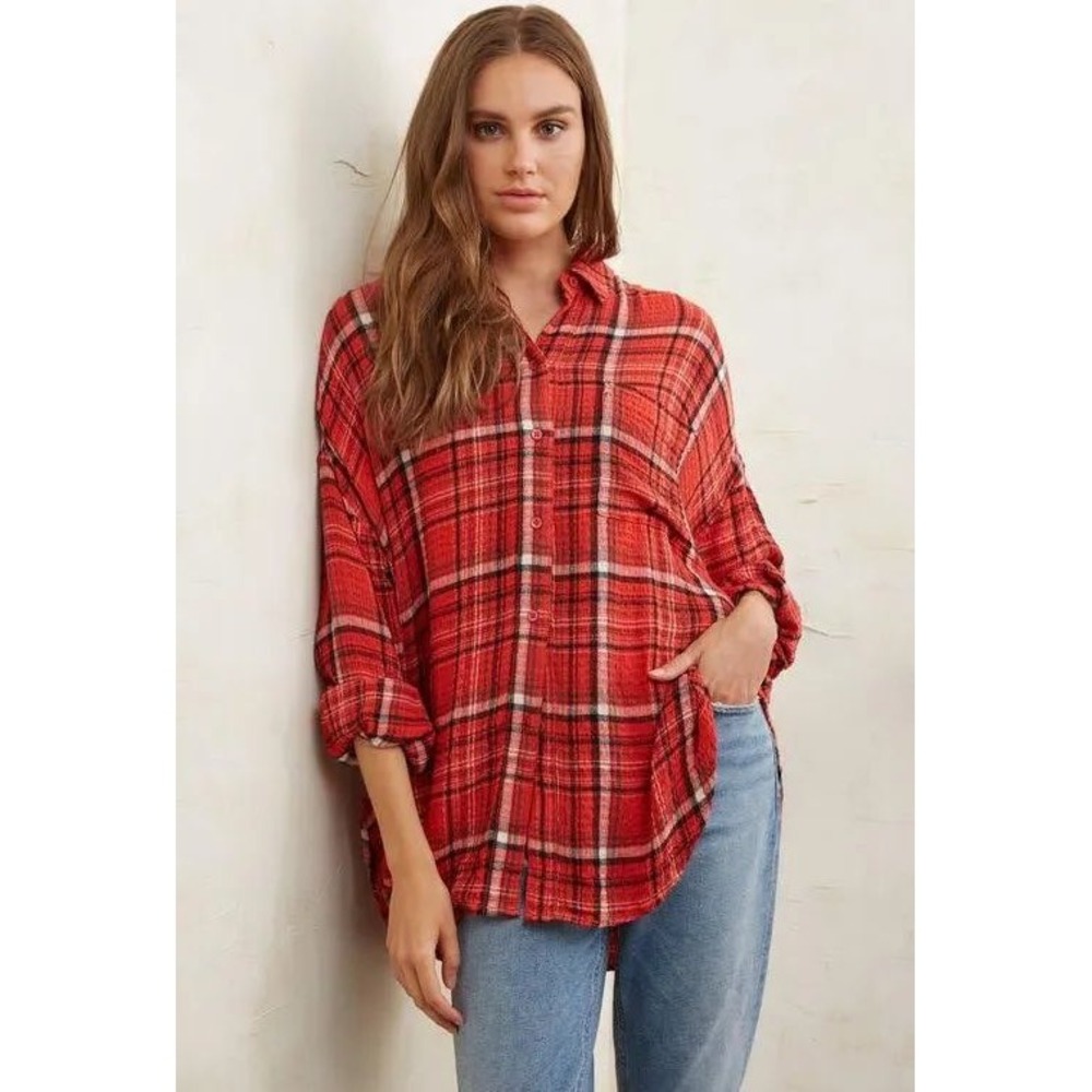 We The Free Free People Red Plaid Studded Pocket Button Down Shirt XS OB1007731